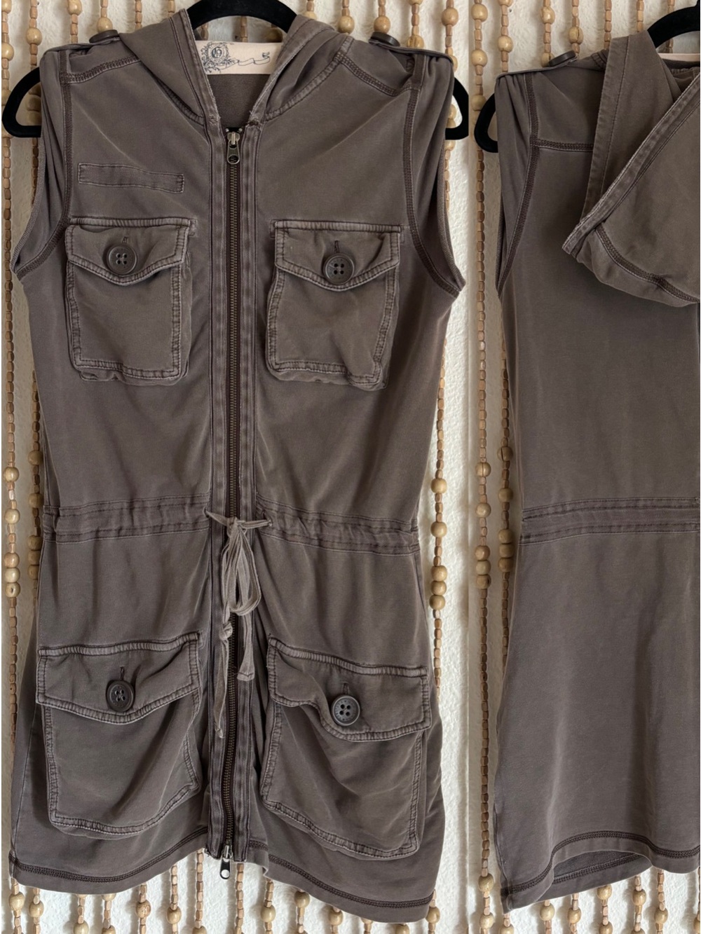 GAP y2k Cargo Utility Zip Up Waist Tie Hooded Sleeveless Brown Taupe Tunic Vest